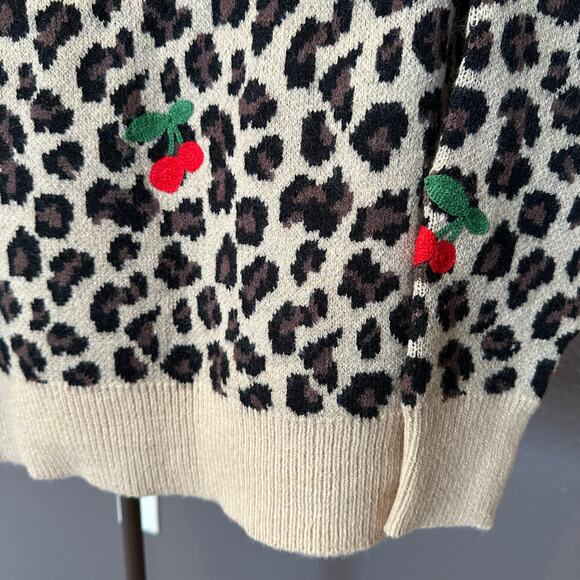 New! Leopard & Embroidered Cherry Crewneck One-Size Sweater Measurements Below - Picture 10 of 16